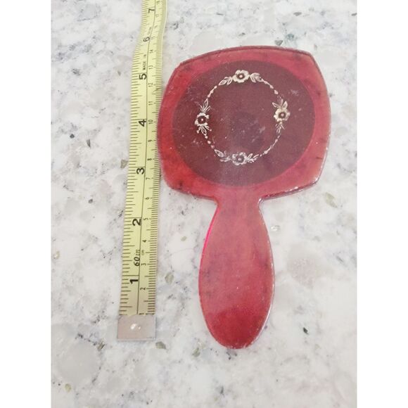 Vintage Art Deco Celluloid Boudoir Hand Mirror Filigree Circle Red Gold USA - Picture 5 of 5